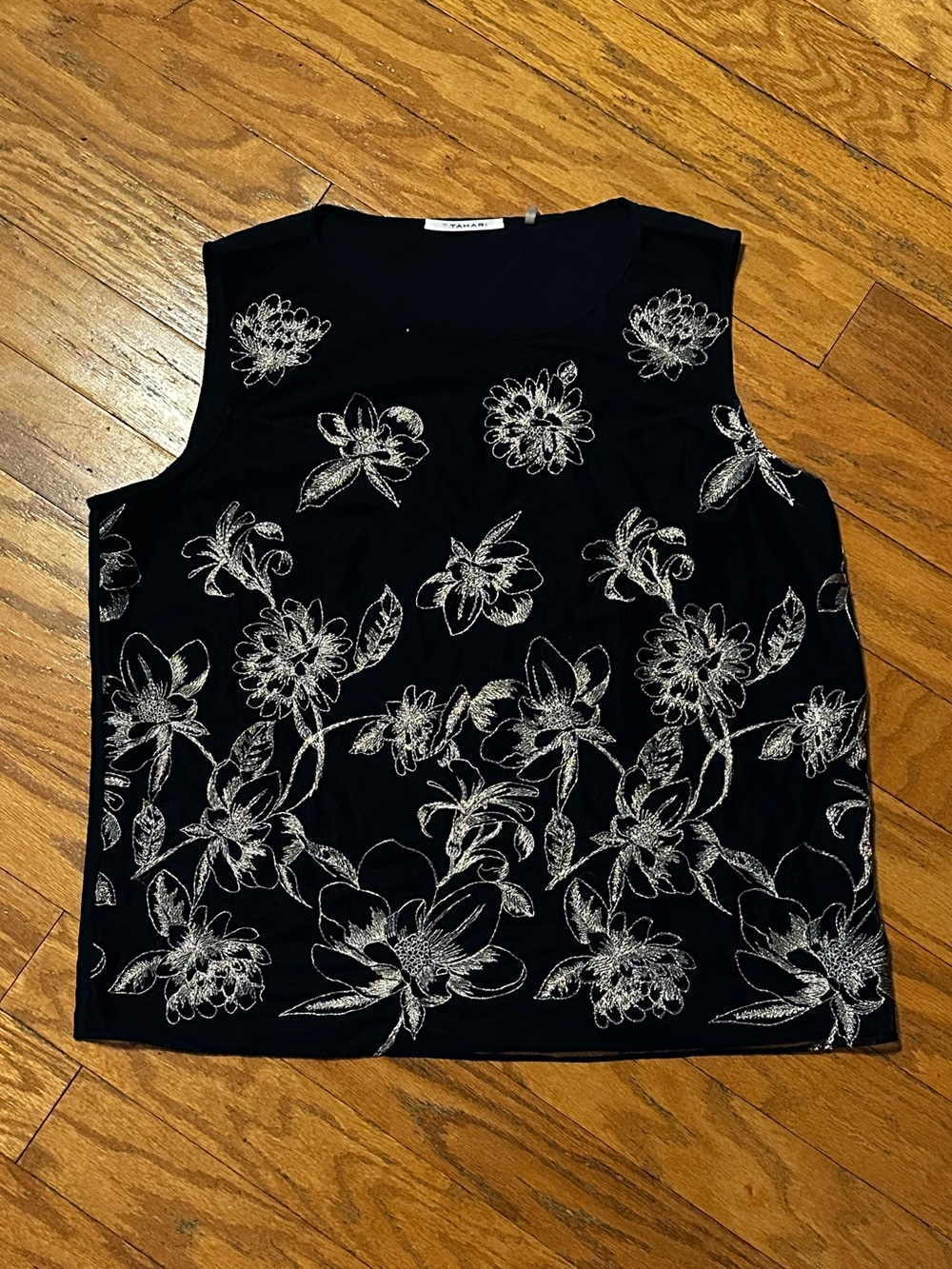 Tahari Navy Blue Short Sleeve Top with Gold Floral Embroidery